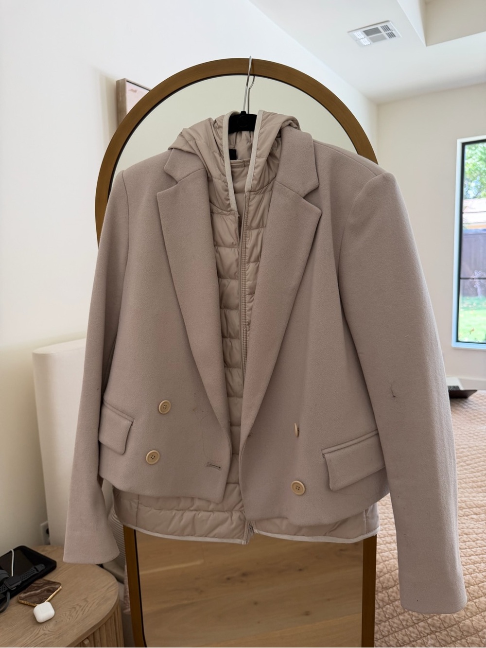 Theory Taupe Double-Breasted Wool Blend Blazer with Quilted Hooded Liner